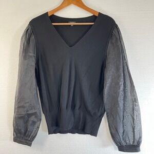 Talbots V-Neck Sweater Sheer Puff Sleeve‎ Top Womens Black Size L Lightweight